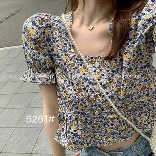 เสื้อคอเหลี่ยม ลายดอก แขนสั้น กระดุมเพชร  ระบายชาย น่ารัก  👚