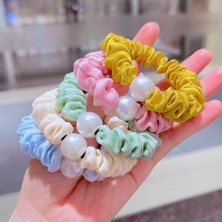 ยางรัดผม แต่งจับจีบ ประดับมุก สีแคนดี้ สไตล์เกาหลี 1 ชิ้น