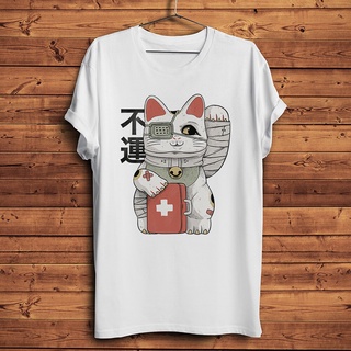 ขายดี!Unlucky เสื้อยืดแขนสั้นลําลอง พิมพ์ลายอนิเมะแมว Maneki Neko สีขาว สไตล์สตรีท สําหรับผู้ชาย และผู้หญิงS-5XL