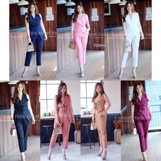 Oversize Set  2 ชิ้น #สาวอวบ เสื้อแขนกุด คอปก +กางเกง5ส่วน+สายผูกเอว ตีเกล็ดหน้าได้ทรงสวย มีกระเป๋าล้วง 2 ข้าง AP7259