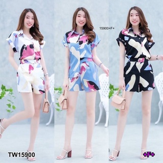 Set 2 ชิ้น เสื้อเชิ้ตไหล่ล้ำแขนพับ+กางเกงพิมพ์ลายกราฟฟิก TW15900