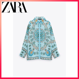 Zara ฤดูร้อนใหม่ผู้หญิงดอกไม้พิมพ์ปกเสื้อแขนยาวผ้าเดรป