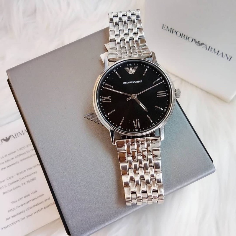(ผ่อน0%) นาฬิกาข้อมือชาย Emporio Armani Men's Three-Hand Stainless Steel Watch AR11152 ตัวเรือนสีเงิน หน้าดำ 41มม