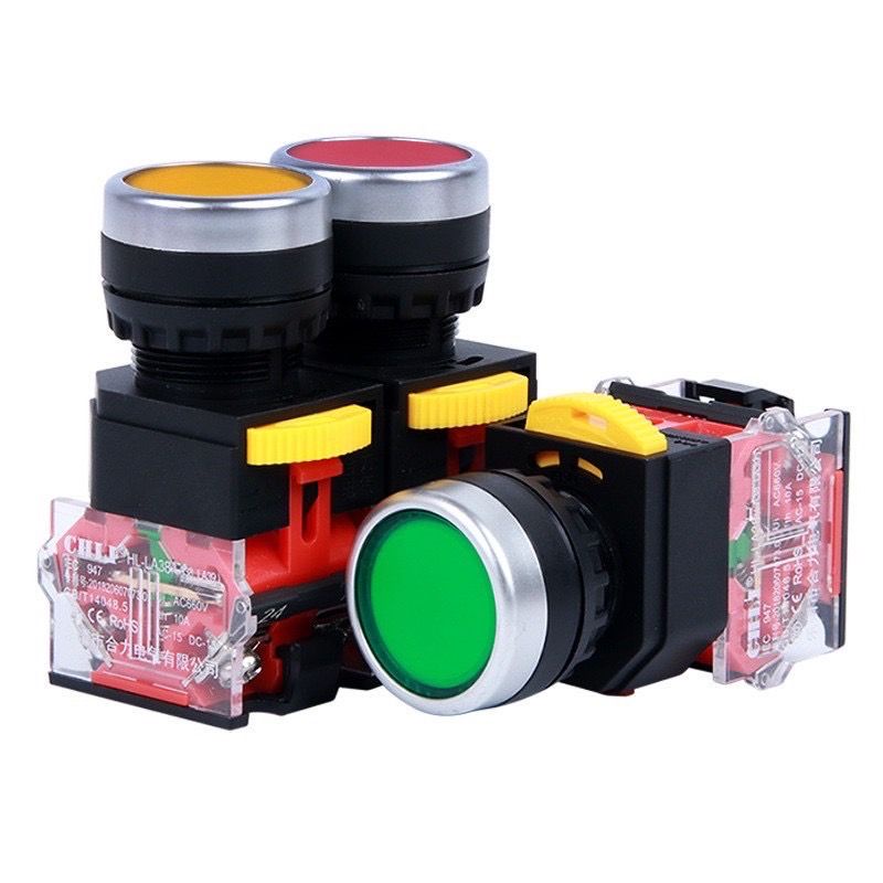 ￼push button switch สวิตซ์กดติด ปล่อยดับ สำหรับงานตู้คอนโทรล แดง ฟ้า ส้ม เขียว ดำไม่มีไฟโชว์​