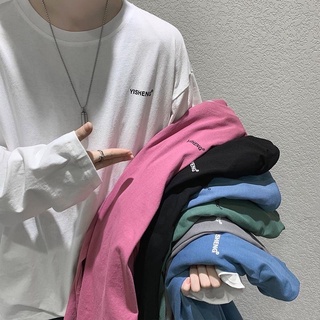 WK【M～5XL】ฤดูใบไม้ร่วงผ้าฝ้ายสไตล์ใหม่ฮ่องกงเสื้อยืดแขนยาวผู้ชายแนวโน้มหลวมoversizeเสื้อยืดแขนยาวท่อนล่างสไตล์เกาห #Q23