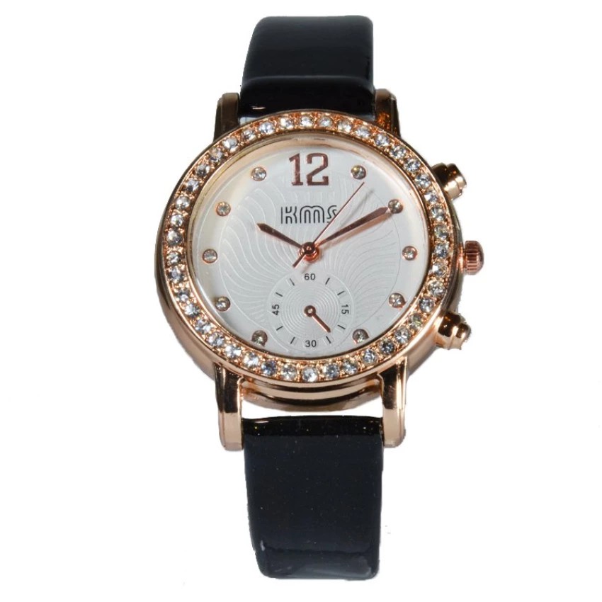 Poca Watch KMS Diamond นาฬิกาข้อมือผู้หญิง ขอบเพชร Pink Gold สายหนังสีดำ