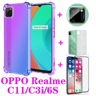 (4 in 1) OPPO Realme C11 Realme C3i Realme 6S Realme 6i Realme 6Pro four-corner drop resistant gradient mobile phone case + tempered glass film + camera lens film + carbon fiber back film