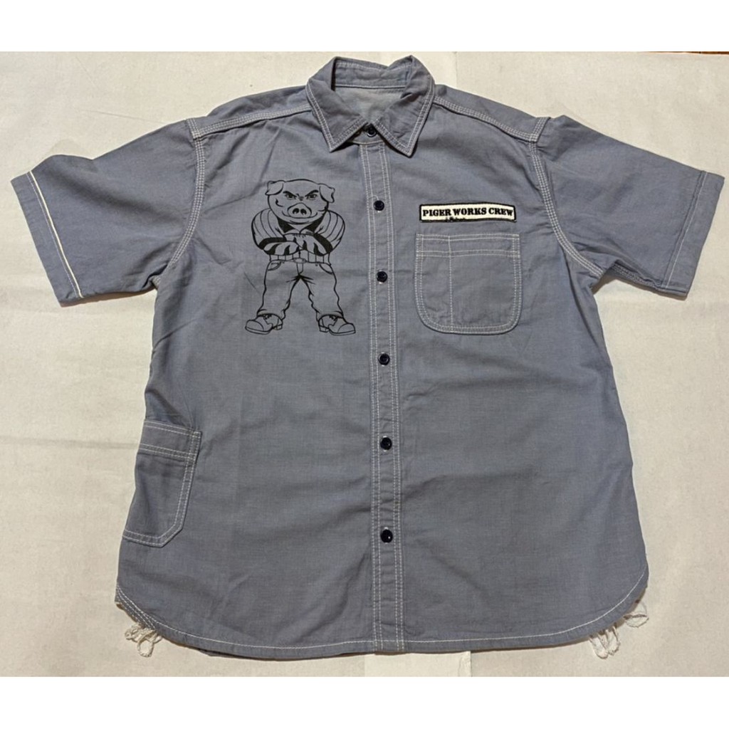 PIGER WORKS (พิกเกอร์ เวิร์คส) Crew Lot PWW 15 สีเทา-ฟ้า เสื้อเชิ๊ตแขนสั้น มือสอง