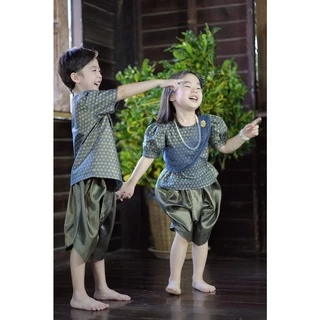 ชุดไทยเด็กชาย ผ้าค้อตต้อนสีกรมท่า โจงสีเขียว