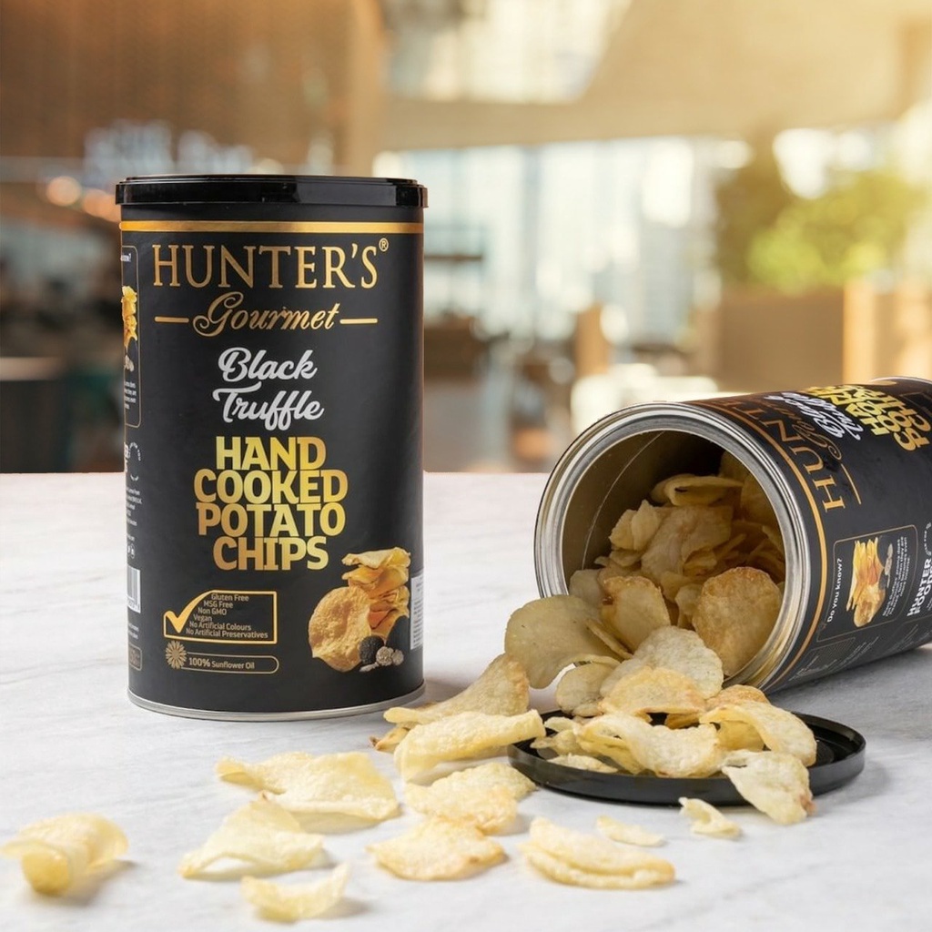 2 กระป๋อง HUNTERS POTATO CHIPS BLACK TRUFFLE มันฝรั่งทอดกรอบรสเห็ดทรัฟ
