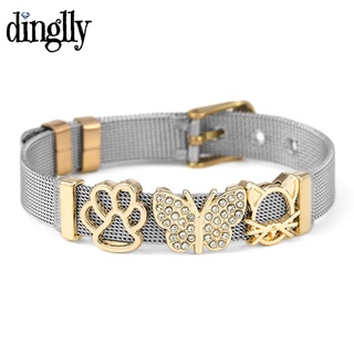 Dinglly สร้อยข้อมือ สเตนเลส สําหรับผู้หญิง ผู้ชาย สีโรสโกลด์ เจ้าหญิงเท้า แมว ลูกปัด ผีเสื้อ เสน่ห์ นาฬิกา สายรัดข้อมือ