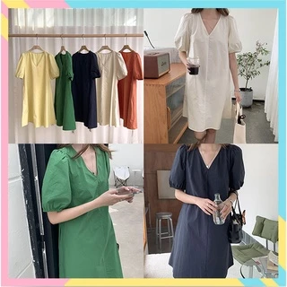 LHSunshine 🌞 🍀ชุดเดรสคอวีแขนตุ๊กตาสไตล์มินิมอลสุดชิค✨ ใส่ไปเดินเล่นเก๋ๆกับรองเท้าแตะได้💗ในลุควันเบาๆ เรียบเก๋แถมดูแพง ห้