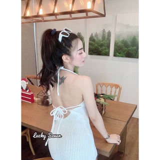 🌈PWR.SHOP🌈 มินิเดรสเนื้อไหมพรมทรงคอวี ทรงผูกคอเซ็กซี่ยั่วๆ