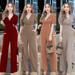 Jumpsuit จั้มสูท ขายาว ช่วงอกจับจีบ อกป้าย ทรงแขนพอง ช่วงเอวติดกระดุม