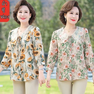 เสื้อผ้าชีฟองลายดอกสำหรับผู้ใหญ่ แขนสี่ส่วน เนื้อผ้าพลิ้วเบาสบาย ไม่ต้องรีด แต่งกุ๊นลูกไม้ที่ปก กระดุมผ่าหน้า