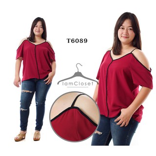 T6089 เสื้อคนอ้วน : Size รอบอก 46, 50 นิ้ว เสื้อสายเดี่ยวดีไซด์เว้าไหล่เก๋ สีแดงเลือดหมู #เสื้อผ้าคนอ้วน