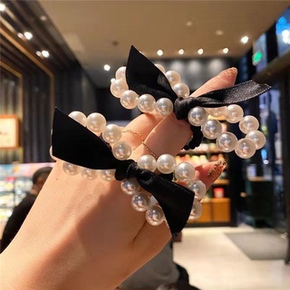 Black Bow Chiffon Scrunchies Soft Ponytail Holder White Pearls Elastic  Hair Ties Hair Rope For Women Girls