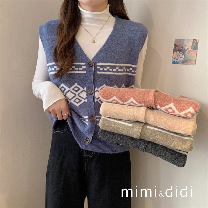 mimi&didi พร้อมส่ง เสื้อกั๊ก คอวี เสื้อกั๊กไหมพรมลายวินเทจ ผ้านิ่มใส่สบายมาก1995