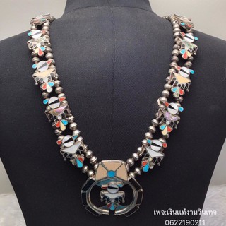 สร้อยจำปี เครื่องเงินงานนอก VINTAGE ZUNI TURQUOISE STERLING SQUASH BLOSSOM NECKLACE THUNDERBIRD USA