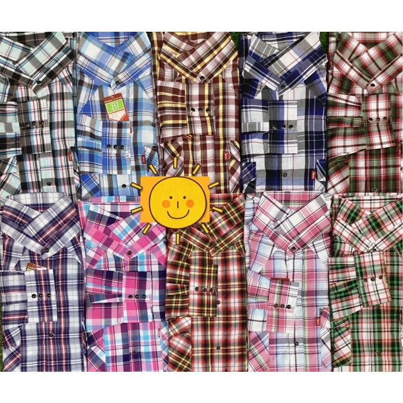 เสื้อเชิ้ตกระดุมมุกแขนยาวลายสก๊อต คาวบอย ลายตัดอ้อยใส่ทำนาทำไร่สวน