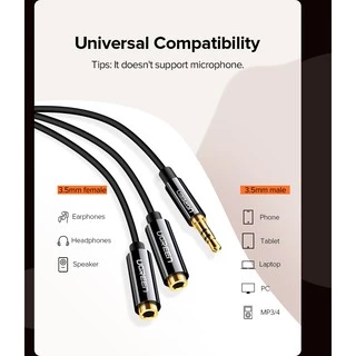 UGREEN สายหูฟัง AUX 3.5mm M to 2 F Audio Splitter Connector (ABS ) รุ่น 20816 สีดำ, รุ่น 10739 สีขาว