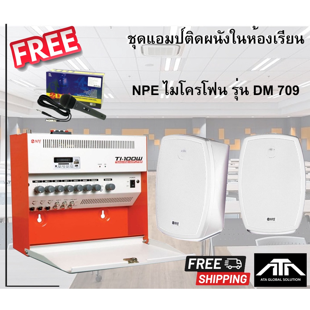 ชุดเครื่องเสียงในห้องเรียน NPE TI 100 + ตู้ลำโพง NPE 602T 1 คู่ ฟรี ไมค์พร้อมสาย NPE DM 709