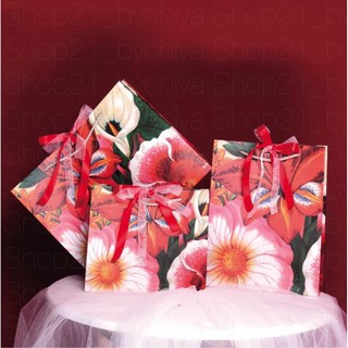 •พร้อมส่ง• ถุงกระดาษ ถุงของขวัญ Floral โทนแดงพร้อมโบว์ผูก