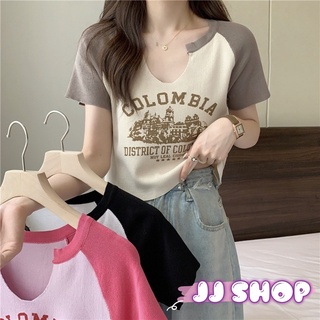 JJ shop💜 พร้อมส่ง เสื้อไหมพรมแขนสั้น ลายเสื้อเก๋ๆคอแหวกลึกใส่สบาย "56333" -C