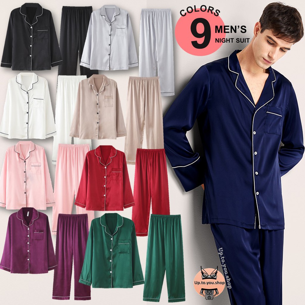 149 บาท [ลด 60 ใส่โค้ดUPTO60O] ส่งไวจากไทย  Night suit 2106 ชุดนอนผู้ชาย ผ้าซาติน แขนยาวขายาว สีพื้น มี 9 สี (up.to.you.shop) Men Clothes