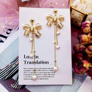 925 silver Korean version of the bow exaggerated earrings fashion long paragraph diamond tassel earrings