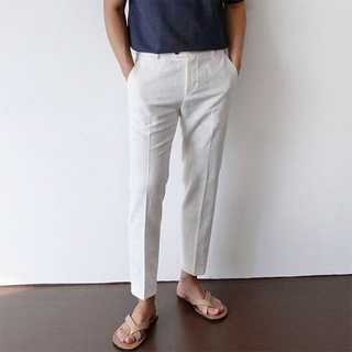 Fashion Trousers Stretch Cotton Linen Slim White