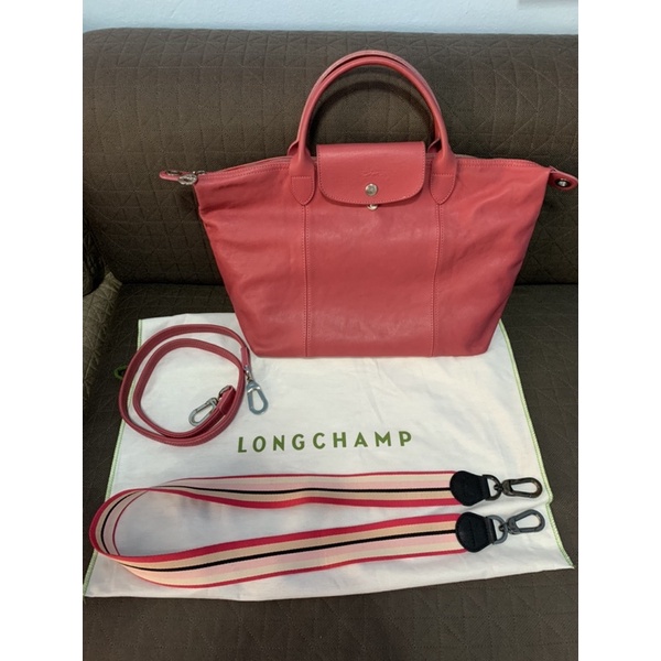 Longchamp Le Pliage Cuir size M หนังแกะ สีชมพู แท้ 💯% มือสอง