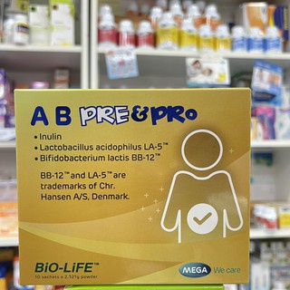 Mega We Care A B Pre&amp;Pro 10 sachet เมก้าวีแคร์ เอ บี พรีแอนด์โพร {{10 ซอง}} Prebiotic + Probiotic