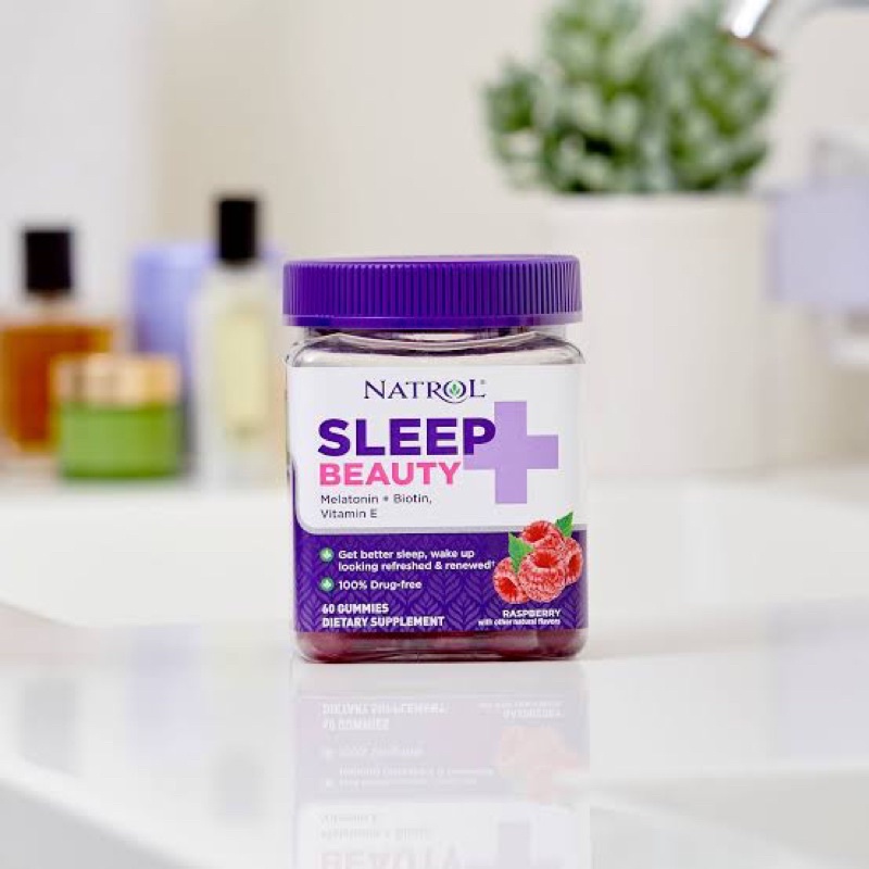 Natrol Sleep + Beauty เม ลา โท นิน 6mg. + Biotin, Vitamin E บรรจุ 60 กัมมี่ #รส RASPBERRY