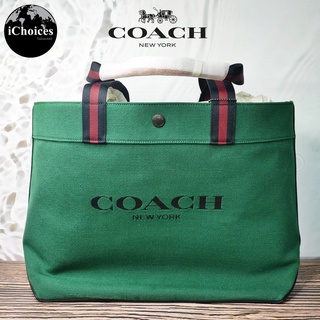 [Coach] Tote Bag 38 Canvas Clblk, JI/Kelly Green Dark Saddle กระเป๋าโค้ช กระเป๋าสะพายข้างใบใหญ่ ผ้าแคนวาส