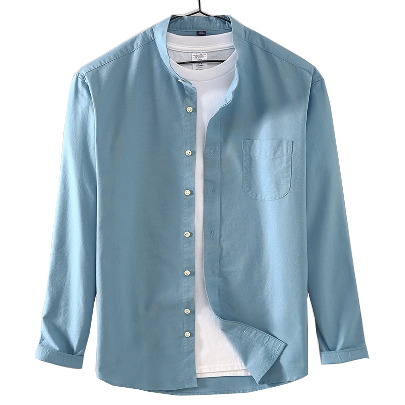 ลําลองผ้าฝ้าย 100% Oxford Stand Collar แขนยาว Slim Fit สังคมเสื้อเชิ้ตผู้ชายสไตล์เกาหลี