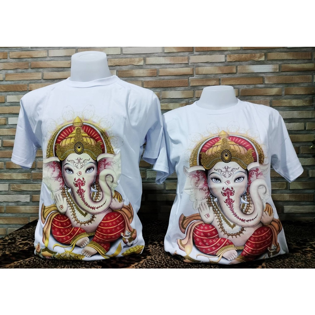 เสื้อยืด คอกลม ลายไทย แขนสั้น สีขาว ลายพระพิฆเนศ ผ้า Catton 100%