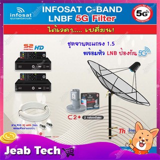 Thaisat C-Band 1.5M (ขาตรงตั้งพื้น ฐานตัว M) + infosat LNB 2จุด รุ่น C2+ (5G)  PSI S2 2กล่อง+สาย RG6 30M x2