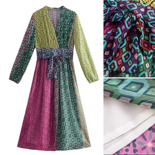 Zara 22 ฤดูใบไม้ร่วง สไตล์ใหม่ ยืดหยุ่น ข้อมือ โบ ผูก พนังคู่ คอวี แขนยาว ชุดเดรส8343009