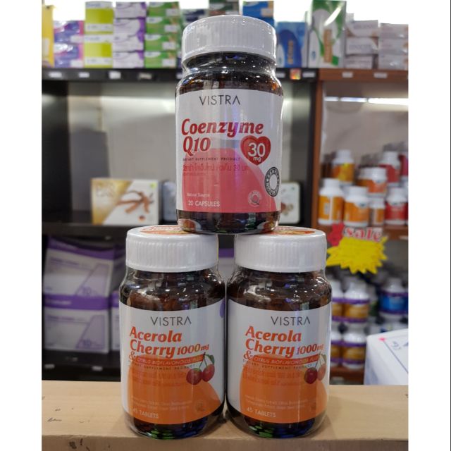 Vistra Acerola Cherry1000mg 45เม็ด2ขวด ฟรีCoQ10 1ขวดexp2/2/23