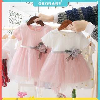 OKOBABY🌈พร้อมส่ง🌈ชุดเดรสแฟชั่นเด็กผู้หญิง ตกแต่งดอกกุหลาบ กระโปรงผ้าก๊อซแขนสั้น 0-4