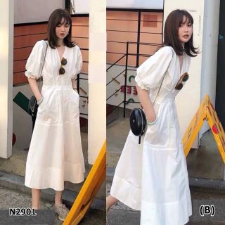 Dress แม็กซี่เดรสยาว คอวีแขนตุ๊กตาสีพื้นงานสวย น่ารัก ลุคสุภาพ