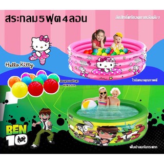 💦สระน้ำกลมขนาด5ฟุต ไวนิลหนา คุณภาพดี ลิขสิทธิ์แท้Hello Kitty และ Bentenขนาด5ฟุต4ลอนพื้นเป่าลมกันกระแทกแถมฟรีลูกบอลสี5ลูก