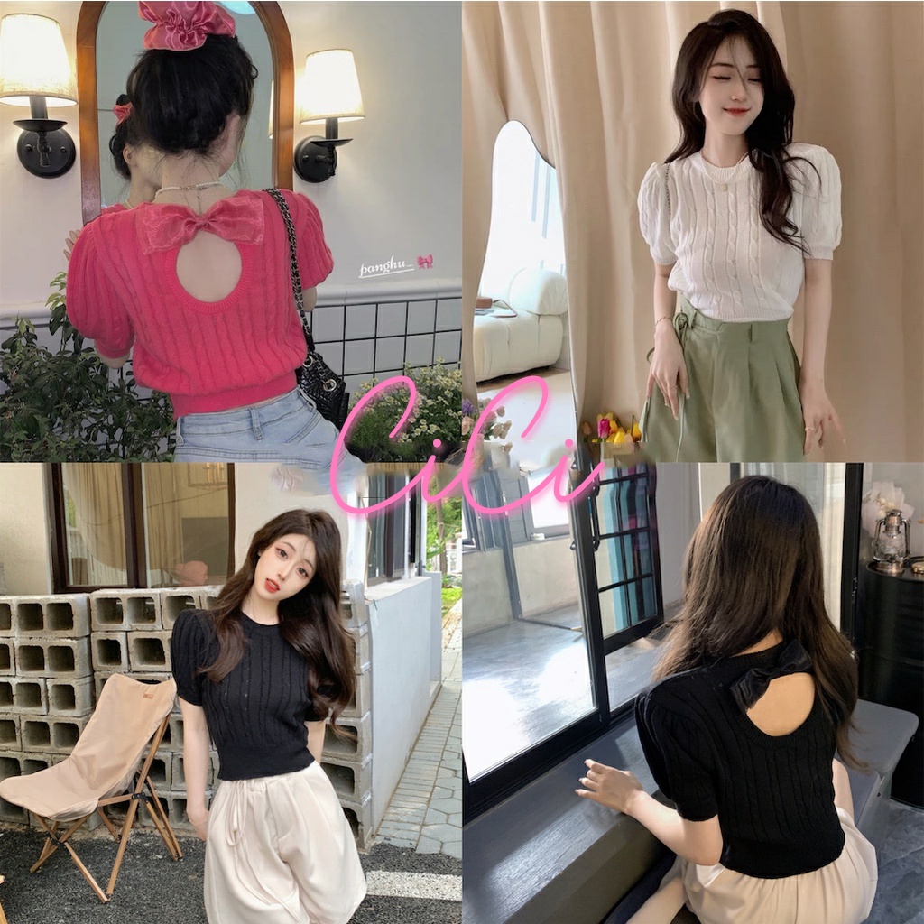 Cici พร้อมส่ง (NO.E238)เสื้อครอปแขนสั้นไหมพรมคอกลมแขนจั๊ม ดีเทลเปิดรูแต่งโปว์น่ารัก