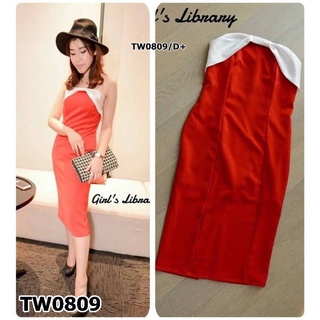 TwinsShopVip💗พร้อมส่ง TW0809 เดรสเกาะอก ผ้าโฟร์เวย์ แต่งโบว์ Strapless dress, four-way fabric, decorated with