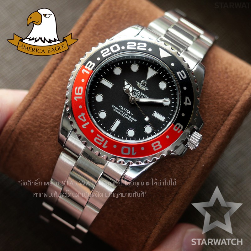 นาฬิกาดิดิจิตอล นาฬิกาโทรศัพท์เด็ก AMERICA EAGLE Watch นาฬิกาข้อมือสุภาพบุรุษ สายสแตนเลส รุ่น AE8007G - Silver/Black/Red