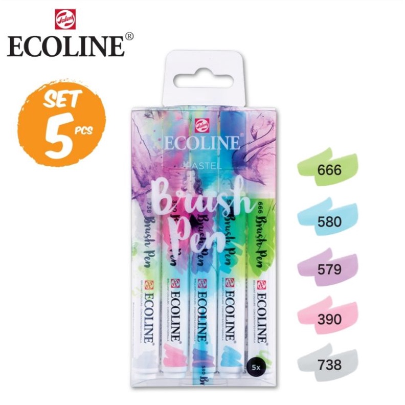 Ecoline​ brush​ pen 5​ pastel.ปากกาสีหมึก​ สีโทนพาสเทล 5​ สี / ปากกาหัวพู่กัน