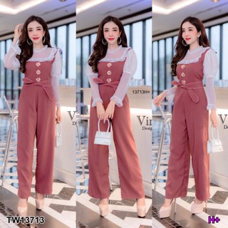 TW13713Jumpsuit จั๊มสูทขายาว ตัดต่อผ้ามุ้งสีขาวซีทรูลายจุด แขนพองยาว ทรงคอระบาย แขนยาว ระบายปลายแขน