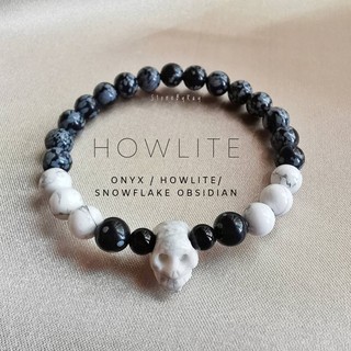 สร้อยข้อมือหินฮาวไลท์,สโนวเฟล็กออปซิเดียน,ออนิค Howlite+Snowflake Obsidian+Onyx