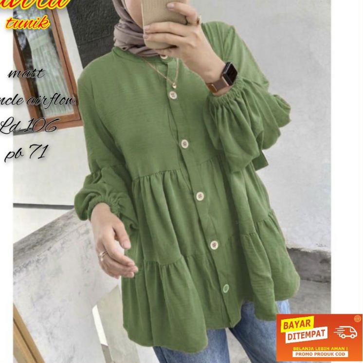 . เสื้อท็อปผู้หญิง avira กระดุมเต็มวัสดุ crincle